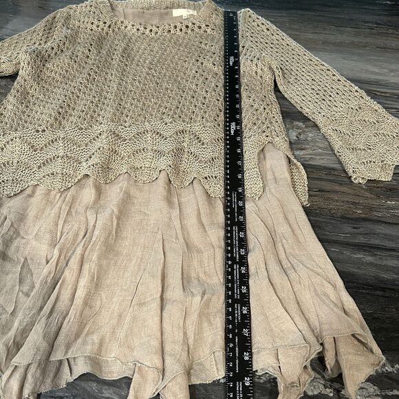 Ryu Tunic Top S/M Bow Knit Crochet Lined Shark Bite Flare Sleeve Neutral Layered - Picture 8 of 11